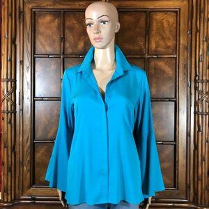 Joan Rivers Turquoise Bell Sleeve Stretch Button Down Shirt